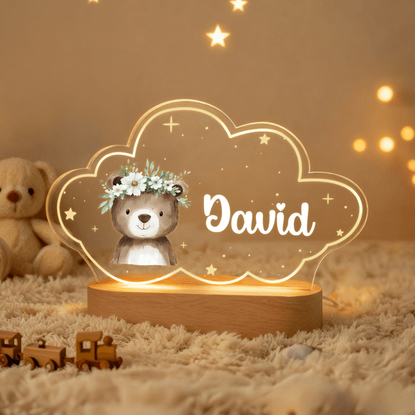 Personalisierte niedliche Tiere Stern Wolke Stil Acryl LED-Nachtlicht mit Namen und hölzerne Basis Kinderzimmer Dekoration Geburtstag Weihnachten Geschenk für Kind Neugeborenen