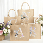 Personalized Mother of Pearl Effect Birth Flower Initial Jute Tote Bag with Name Birthday Christmas Anniversary Gift for Women Family Friends