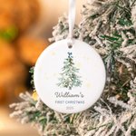 Árbol de Navidad personalizado con lazo de acuarela Adorno navideño de cerámica con nombre y año Decoración del hogar Primer regalo de Navidad para recién nacidos
