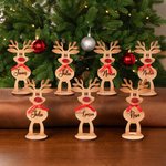 Adorno personalizado de mesa de reno con nariz roja lazo de madera y nombre regalo de Navidad y decoración para familia y niños