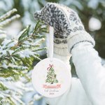 Árbol de Navidad personalizado con lazo de acuarela Adorno navideño de cerámica con nombre y año Decoración del hogar Primer regalo de Navidad para recién nacidos