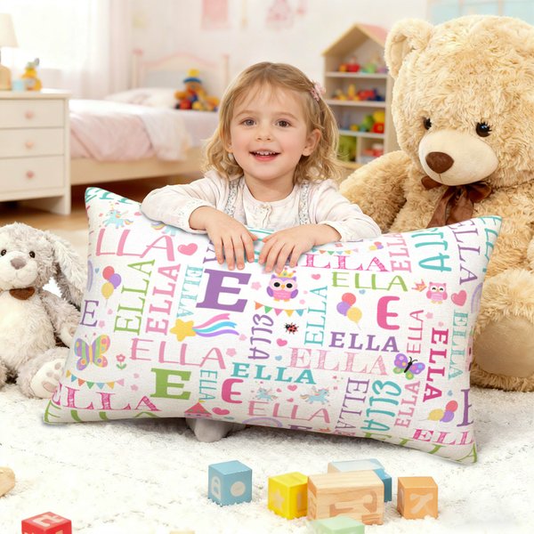 Taie d'oreiller personnalisée Rainbow Dinosaur Rectangular Cute Cartoon Word Cloud Throw Pillow Cover with Initial and Name Home Decor Birthday Gift for Kids (Cadeau d'anniversaire pour les enfants)