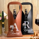Personalized Mother of Pearl Effect Birth Flower Initial PU Leather Protective Wine Bag with Name Christmas Party Anniversary Gift for Wine Lovers