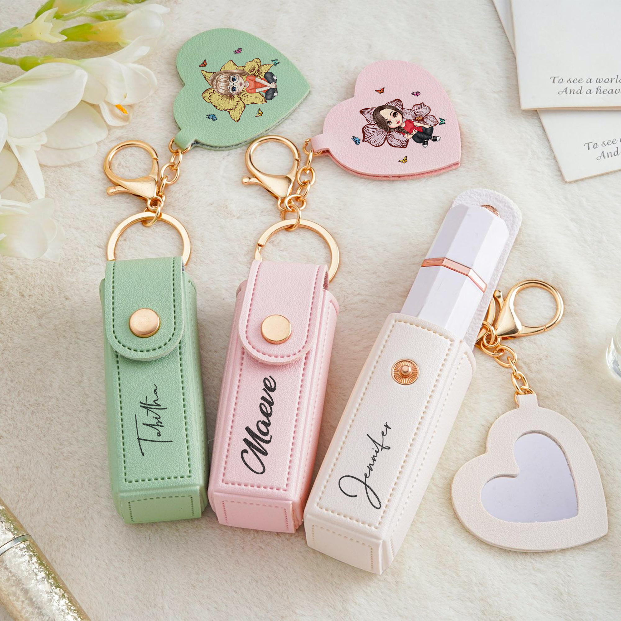 Porte-rouge à lèvres personnalisé avec nom et miroir en forme de coeur Cadeau d'anniversaire pour femme