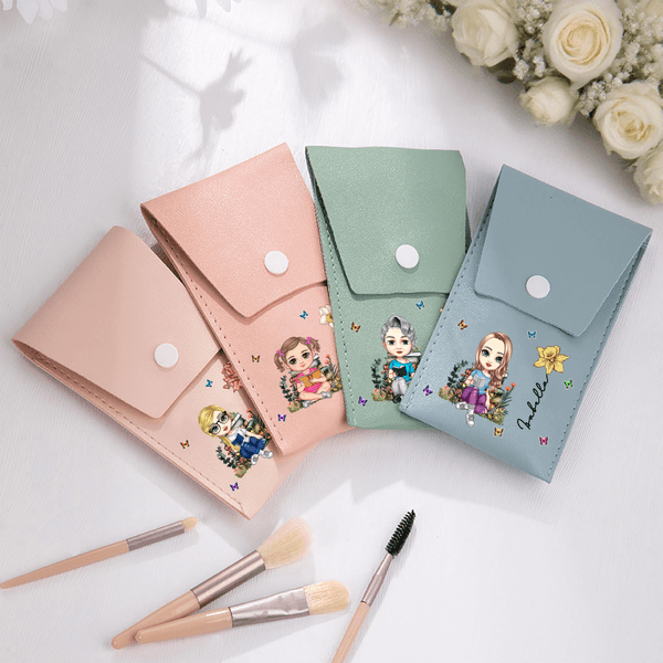 Personalized Cartoon Reading Character Birth Flower PU Leather Makeup Brush Bag Set with Name and 8 Pcs Makeup Brushes Birthday Gift for Women Girls