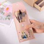 Personalised Cartoon Reading Character Birth Flower PU Leather Makeup Brush Bag Set with Name and 8 Pcs Makeup Brushes Birthday Gift for Women Girls