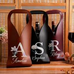 Personalized Mother of Pearl Effect Birth Flower Initial PU Leather Protective Wine Bag with Name Christmas Party Anniversary Gift for Wine Lovers