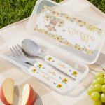 Personalised Cute Highland Cow Sunflower Fork Spoon Knife 3 Pcs Cutlery Set with Name and Case Christmas Birthday Gift for Boys Girls