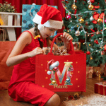 Personalised Christmas Hat Initial Large Capacity Jute Red Tote Bag with Name Christmas Party Gift for Women Kids