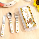 Personalised Cute Highland Cow Sunflower Fork Spoon Knife 3 Pcs Cutlery Set with Name and Case Christmas Birthday Gift for Boys Girls