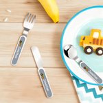 Personalized Multicolour Construction Truck Safe Stainless Steel Fork Spoon Knife 3 Pcs Cutlery Set with Name and Case Birthday Gift for Boys Girls