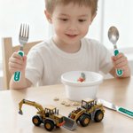 Personalized Multicolour Construction Truck Safe Stainless Steel Fork Spoon Knife 3 Pcs Cutlery Set with Name and Case Birthday Gift for Boys Girls
