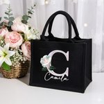 Personalized Mother of Pearl Effect Birth Flower Initial Jute Tote Bag with Name Birthday Christmas Anniversary Gift for Women Family Friends