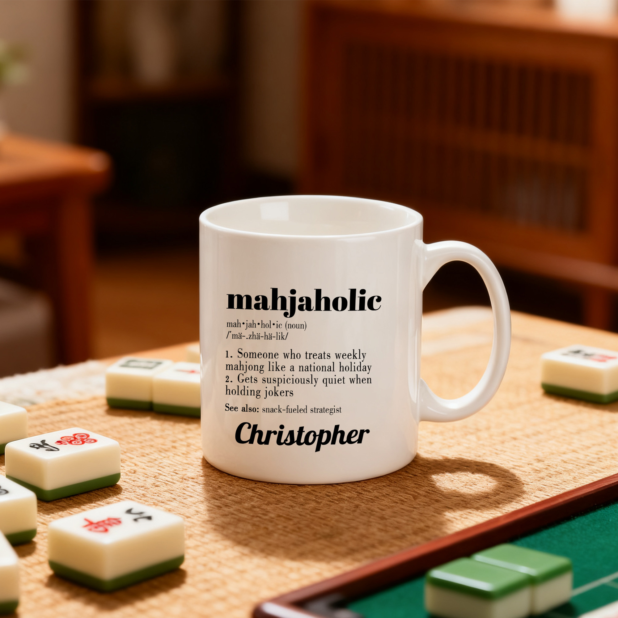 Tazza in ceramica personalizzata Mahjaholic 11 oz 15 oz con nome Compleanno Mahjong Club Regalo di Natale per gli amanti del Mahjong
