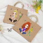 Personalised Funny 3D Cartoon Character Birth Flower Jute Tote Bag with Name Birthday Anniversary Gift for Women Girls