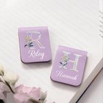 Personalized Mother of Pearl Effect Birth Flower PU Leather Magnetic Bookmark Clip with Name Daily Use Birthday Gift for Book Lovers