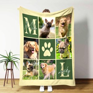 Personalized Paw Print Pet Photos Multicolor Soft Throw Blanket with 1-4 Names and Initials Sympathy Birthday Gift for Pet Lovers