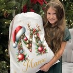 Personalized Cute Reindeer Santa Hat Initial Canvas Drawstring Gift Bag with Name Christmas Gift for Friends Family
