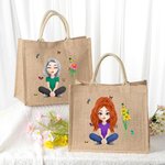 Personalised Funny 3D Cartoon Character Birth Flower Jute Tote Bag with Name Birthday Anniversary Gift for Women Girls