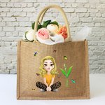 Personalised Funny 3D Cartoon Character Birth Flower Jute Tote Bag with Name Birthday Anniversary Gift for Women Girls