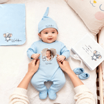 Gepersonaliseerde Schattige Dieren 100% Katoen Foto Baby Romper Muts Deken Outfit met Gift Box Naam Jaar Coming Home Baby Shower Gift voor pasgeborene