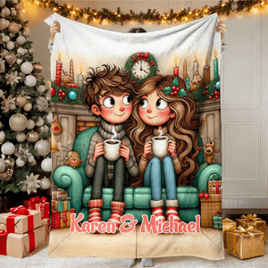 Personalised Christmas Couple Cartoon Characters Soft Throw Blanket with Text Home Decor Christmas Gift for Couple Wife Husband