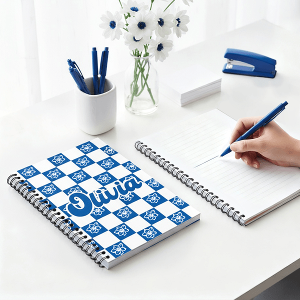 Personalized Birth Flower Checkerboard Pattern A5 Spiral Journal Notebook with Name and 60 Lined Pages Christmas Birthday Gift for Kids