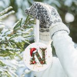 Personalized Cute Reindeer Santa Hat Initial Ceramic Christmas Ornament with Name Christmas Decor Gift for Family Friends