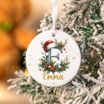 Personalized Cute Reindeer Santa Hat Initial Ceramic Christmas Ornament with Name Christmas Decor Gift for Family Friends