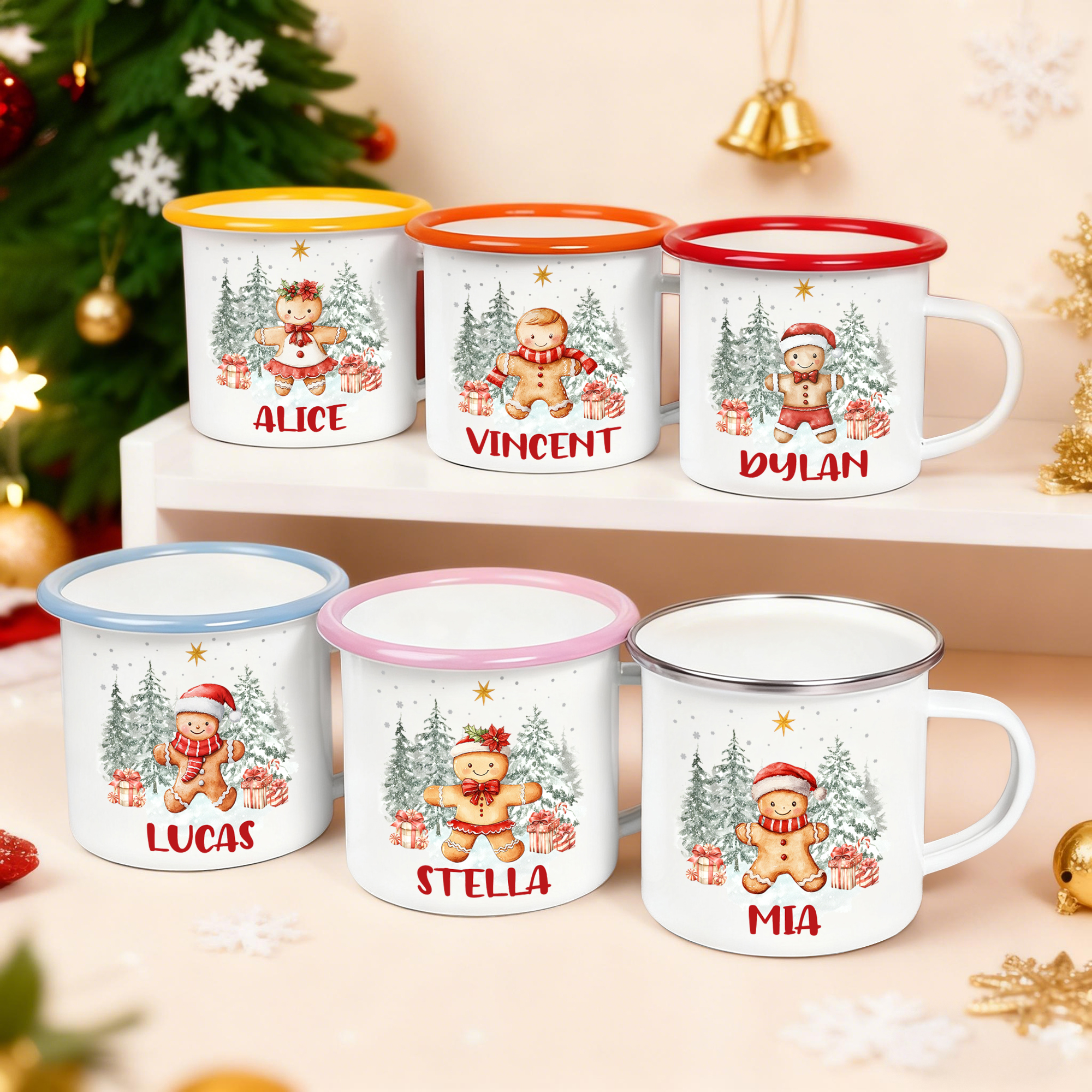 Tasse en émail personnalisée avec nom pour le bonhomme de pain d'épice, usage quotidien Cadeau de Noël pour les enfants et la famille