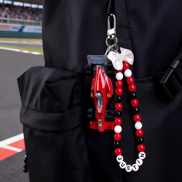 Personalised F1 Race Car Portable Keychain Bag Charm with Text and Beaded Daily Use Birthday Gift for Motorsport Fans