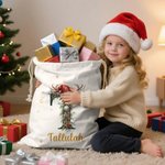 Personalized Cute Reindeer Santa Hat Initial Canvas Drawstring Gift Bag with Name Christmas Gift for Friends Family