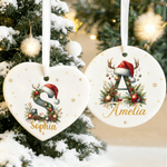 Personalized Cute Reindeer Santa Hat Initial Ceramic Christmas Ornament with Name Christmas Decor Gift for Family Friends