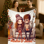 Personalized Christmas Couple Cartoon Characters Soft Throw Blanket with Text Home Decor Christmas Gift for Couple Wife Husband