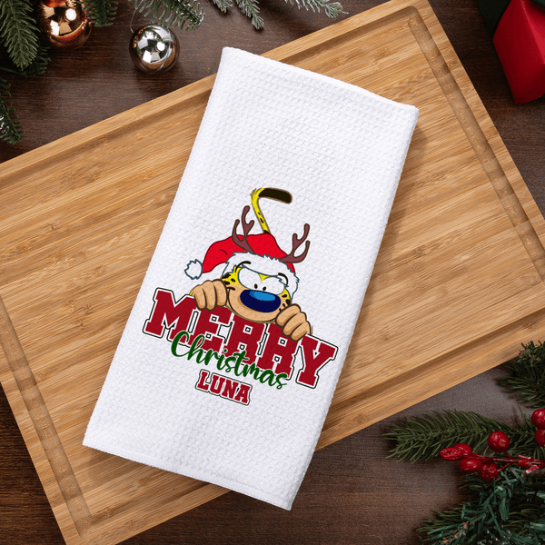 Personalized Long Tailed Marsupilami Merry Christmas Waffle Tea Towel with Name Kitchen Use Christmas Gift for Family Friend  | Callie × Marsupilami®