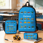 Personalised Multi-Color Children's Construction Vehicle Backpack Pencil Case Lunch Bag Set with Name Back-To-School Birthday Gift for Boys Girls
