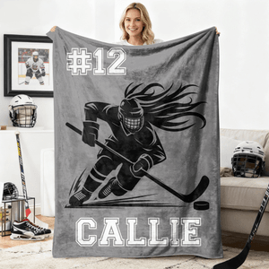 Personalized Hockey Player Silhouette Soft Throw Blanket with Name Home Decor Birthday Match Day Gift for Team Games Hockey Lovers