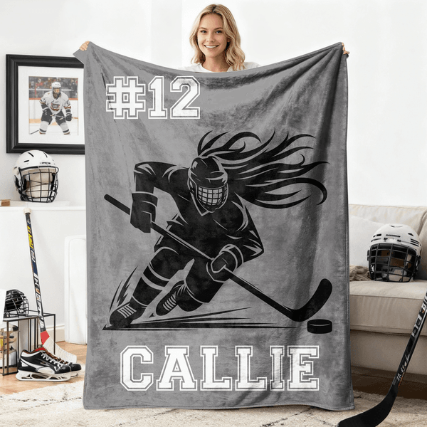Personalized Hockey Player Silhouette Soft Throw Blanket with Name Home Decor Birthday Match Day Gift for Team Games Hockey Lovers