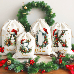 Personalized Cute Reindeer Santa Hat Initial Canvas Drawstring Gift Bag with Name Christmas Gift for Friends Family