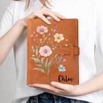 Personalized Wildflower PU Leather Notebook Cover Pencil Sketchbook Storage with Name Birthday Christmas Gift for Women Writers Sketchers