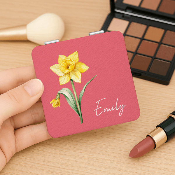 Personalised Birth Flower Compact Heart Round Square Makeup Mirror with Name Portable Birthday Wedding Party Gift for Women