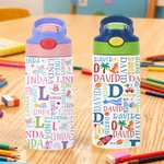 Personalised Cute Cartoon Design Word Cloud 12 oz Insulated Water Bottle with Name Daily Use Birthday Christmas Gift for Kids Toddlers