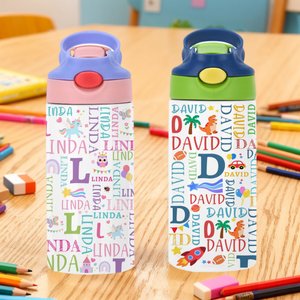 Personalized Cute Cartoon Design Word Cloud 12 oz Insulated Water Bottle with Name Daily Use Birthday Christmas Gift for Kids Toddlers