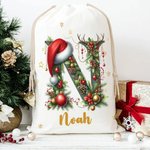 Personalized Cute Reindeer Santa Hat Initial Canvas Drawstring Gift Bag with Name Christmas Gift for Friends Family
