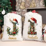 Personalized Cute Reindeer Santa Hat Initial Canvas Drawstring Gift Bag with Name Christmas Gift for Friends Family
