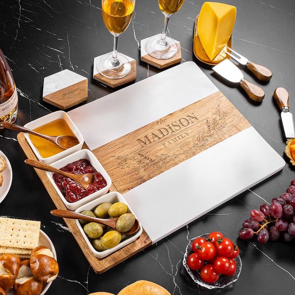 Personalized Engraved Name Kitchen Design Acacia Marble 11 Pcs Cutting Board Coaster Set with Bowl and Spoon Made in USA Housewarming Gift for Family