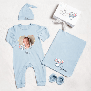 Personalisierte niedliche Tiere 100% Baumwolle Foto Baby Strampler Hut Decke Outfit mit Geschenk-Box Name Jahr Coming Home Baby Dusche Geschenk für Neugeborene