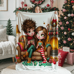 Personalized Christmas Couple Cartoon Characters Soft Throw Blanket with Text Home Decor Christmas Gift for Couple Wife Husband