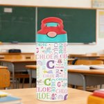 Personalised Cute Cartoon Design Word Cloud 12 oz Insulated Water Bottle with Name Daily Use Birthday Christmas Gift for Kids Toddlers