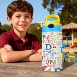 Personalised Cute Cartoon Design Word Cloud 12 oz Insulated Water Bottle with Name Daily Use Birthday Christmas Gift for Kids Toddlers